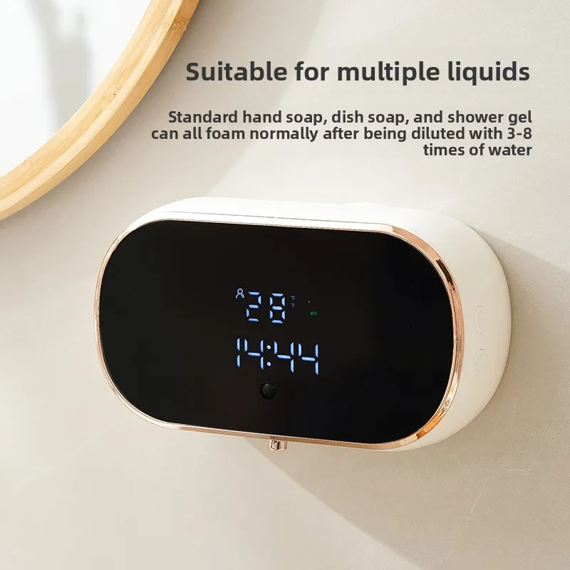 เครื่องจ่ายสบู่โฟมอัตโนมัติแบบสัมผัสอัจฉริยะ ชาร์จผ่าน USB ติดผนัง วัสดุ ABS พร้อมหน้าจอดิจิตอล