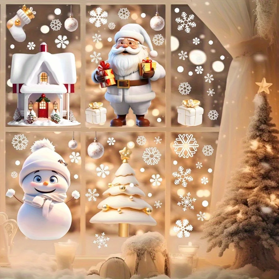 Weihnachts-Fensteraufkleber-Set – Weihnachtsmann mit festlichem Muster, dekorative Glasaufkleber für Partys mit Familienfeiern
