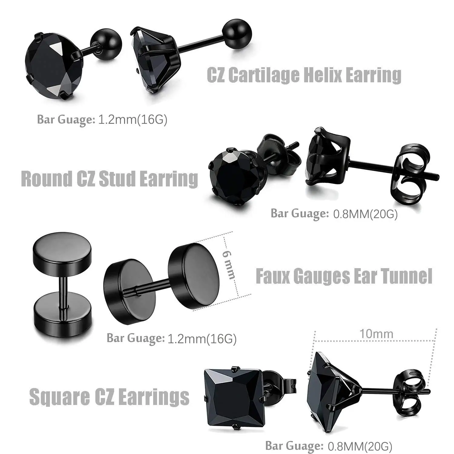 1/20 Pairs Black Stainless Steel Round Square CZ Inlaid Stud Earrings Double-Sided Screw Back Ear Stud Jewelry for Men Women