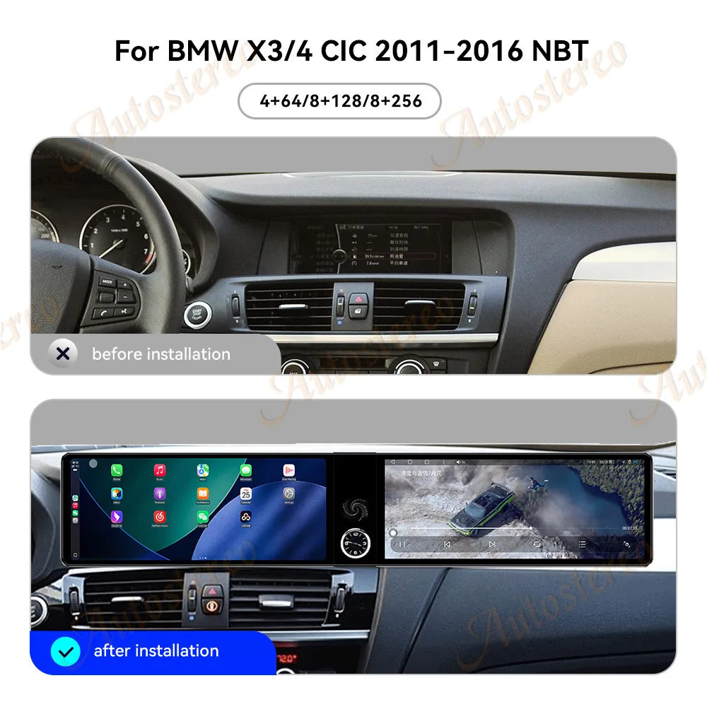 

Двойной экран 12,3 дюйма Carplay Android 14 для BMW X3 X4 2011-2012 CIC 2013-2016 NBT Автомобильный мультимедийный плеер GPS-навигация Головное устройство