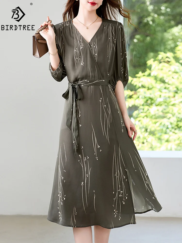 BirdTree, 19MM 91.8%Natural Silk Elegant Dress, Women Half Sleeve VNeck Printed, Fashion Chic Dresses, 2024 Summer Fall D46784QM