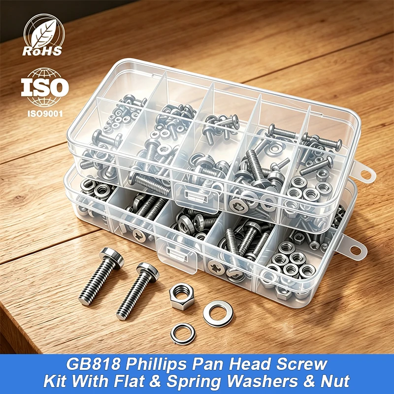 120/320Pcs M2-M5 Metric Hex Bolt & Nut Assortment Kit, Stainless Steel Phillips Round Head Screws with Spring & Flat Washers
