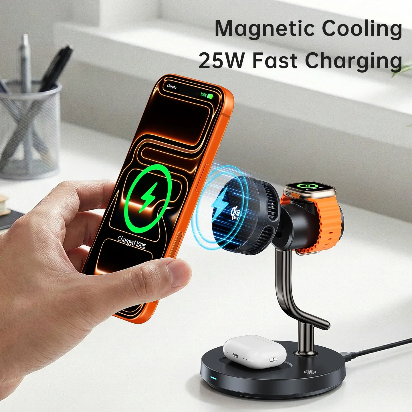TEC Cooling Qi2 25W Night Light Magnetic Wireless Charger Stand for iPhone 17 16 Pro Max Samsung Apple Watch 2-9 SE Airpods Pro