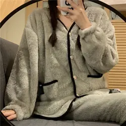 Women Keep Warm Pyjamas Sets Ladies Long Sleeve Cartoon Casual Sleepwear Pajamas Set Women Turn-down Collar and Button Homewear