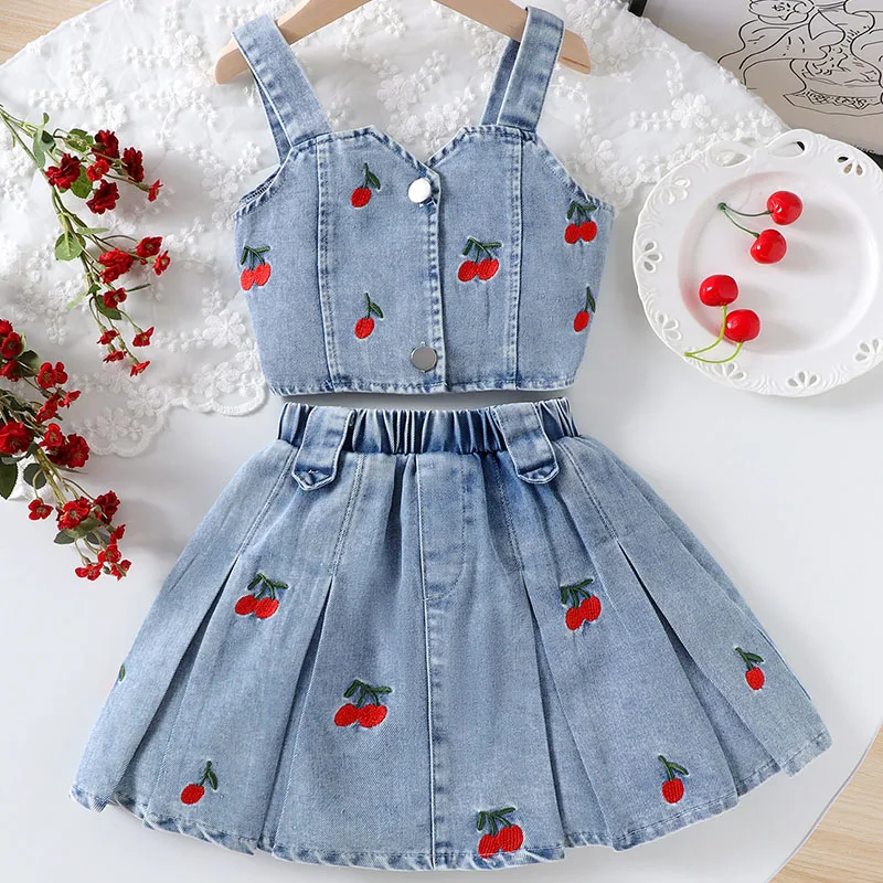 

2Piece Summer Toddler Girl Clothes Korean Fashion Cute Cherry Denim Sleeveless Baby Blue Tops+Skirt Boutique Kids Clothing B201