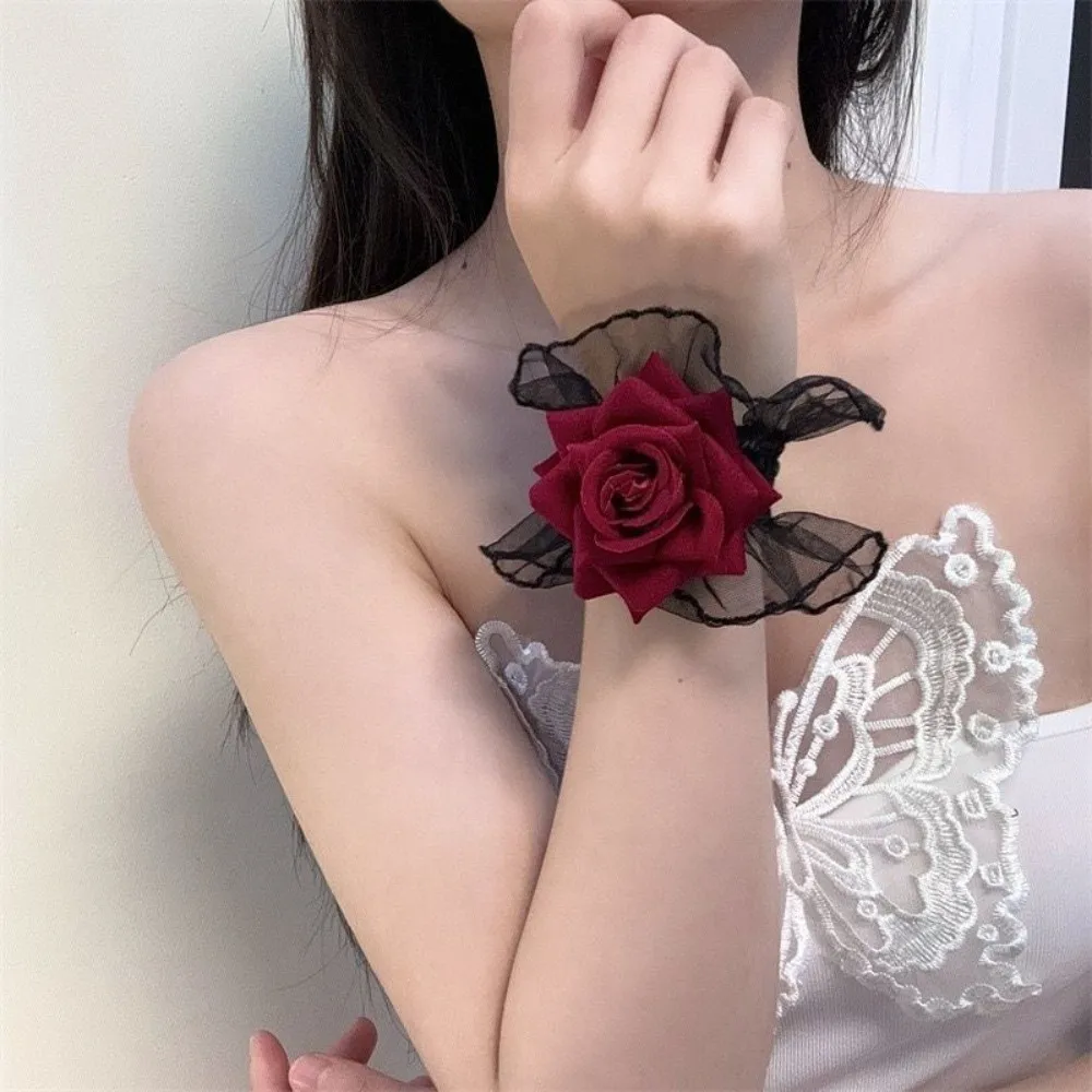 New Red Rose Lace Wristbands Lolita Ruffled Gothic Cosplay Bracelets Elastic Band Black Hand Sleeve Gloves For Women
