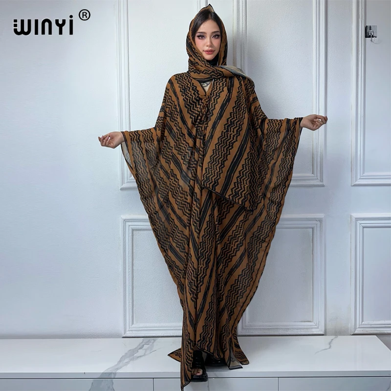 WINYI Fashion dress Chiffon v-neck with scarf Long Femme abaya dubai luxury Autumn Party Elegant Dress muslim women clothing