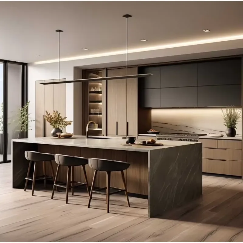 Residential Simple Glass Wall Automatic Folding Kitchen Cabinet with Soft Closing Drawer