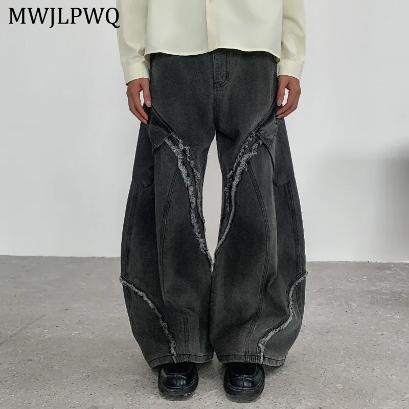 

MWJLPWQ потертые деконструированные джинсы-карго с несколькими карманами, мужские потертые края, американская уличная одежда, мешковатые широкие брюки Machete 20960