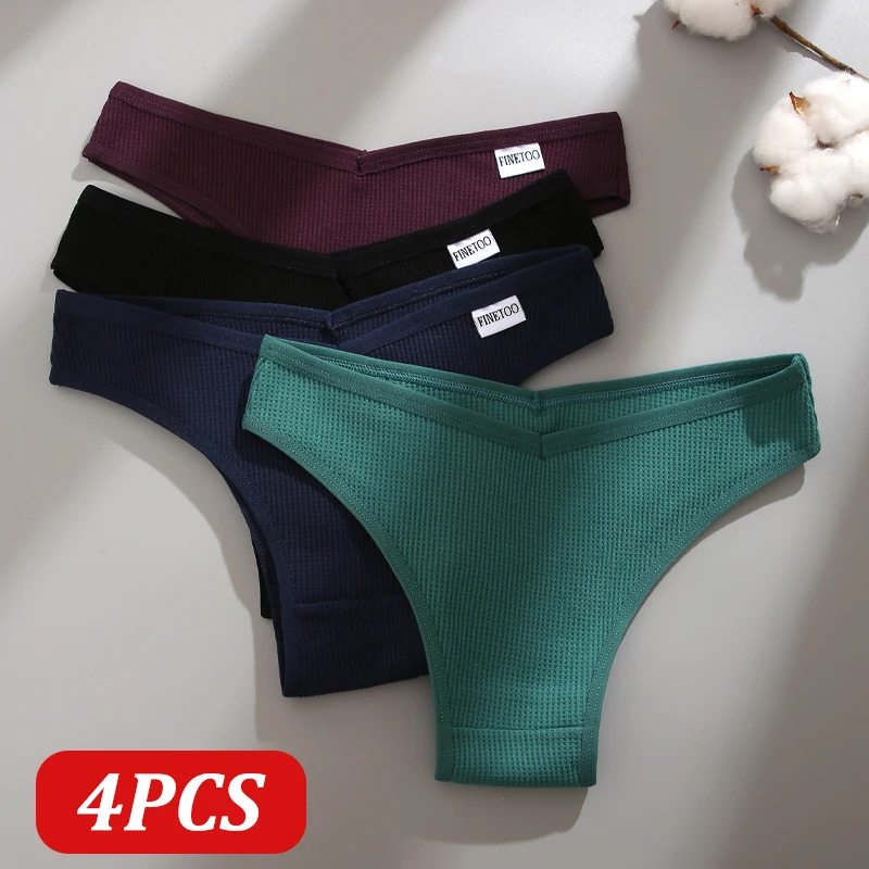 FINETOO 4PCS Nahtlose Baumwolle Waffel Stoff Brasilianische Hosen Für Frauen Einfarbig Weiche Gemütliche Unterhose Atmungsaktive Bikini Dessous
