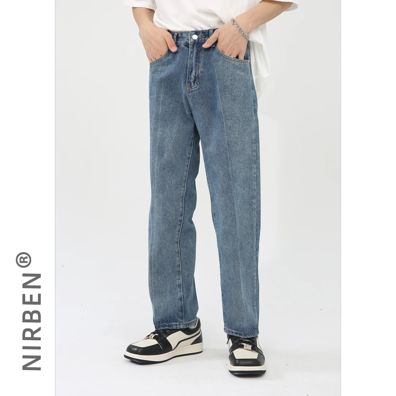 Denim Korean Version Blue Hong Kong Style Retro Jeans Men's Loose Straight Casual Versatile Nine-point Pants