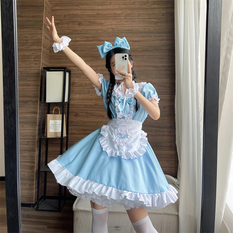 Kawaii Sexy Blauwe Meid Rok Strik Kant Lolita Vrouwen Prinses Pompjurk Grote Maat S-5XL Konijntje Meisje Uniform Cosplay Kostuum Pak