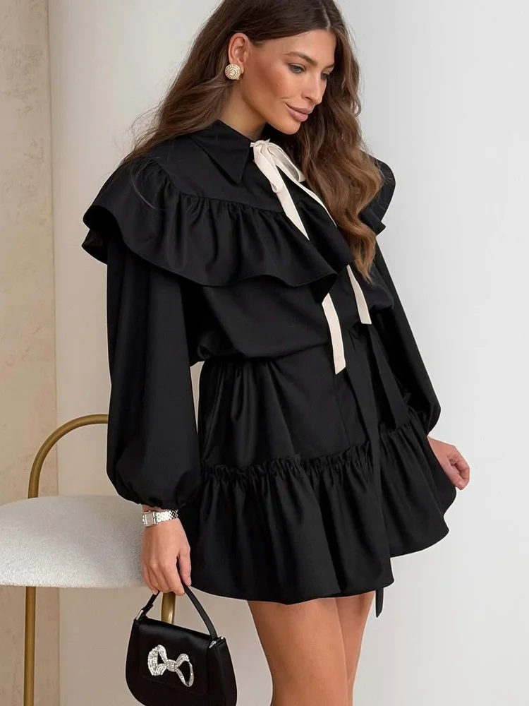 Black Tiered Ruffle Mini Dress Bow Tie Collar Long Puff Sleeve Ruffle Hem Party Evening Cocktail Drawstring Waist Slim Fit Dress