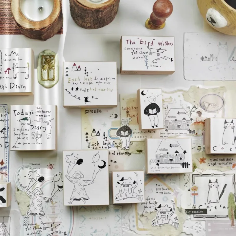 Lovely Balloon Girl Reading Boy Cats Wooden Rubber Stamp DIY Scrapbooking Photo Album Journal Material Wood Seal
