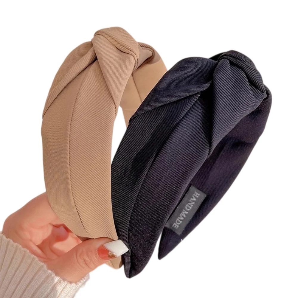Einfarbiges geknotetes Haarband für Frauen, weicher Stoff, breites Haarband, modischer Turban-Haarreif, Haaraccessoires für den Alltag von Mädchen. – Detail 1