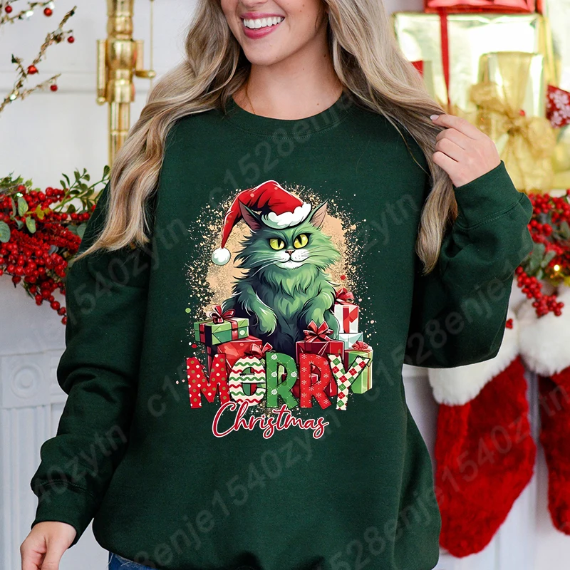 Christmas Cat Print Sweatshirt, Casual Crew Neck Long Sleeve Pullovers Top For Autumn & Winter, Women\'s Sweatshirts