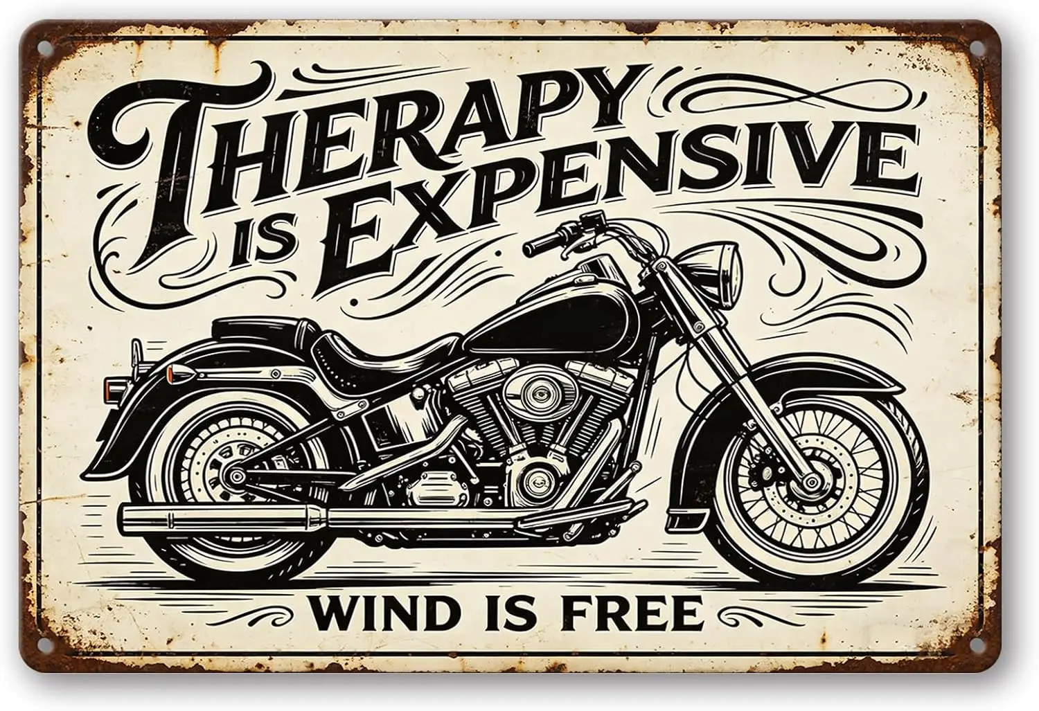 Vintage Motorcycle Metal Sign, Funny Biker Wall Decor   | Therapy Is Expensive Wind Is Free, Weatherproof Aluminum Wall Art for