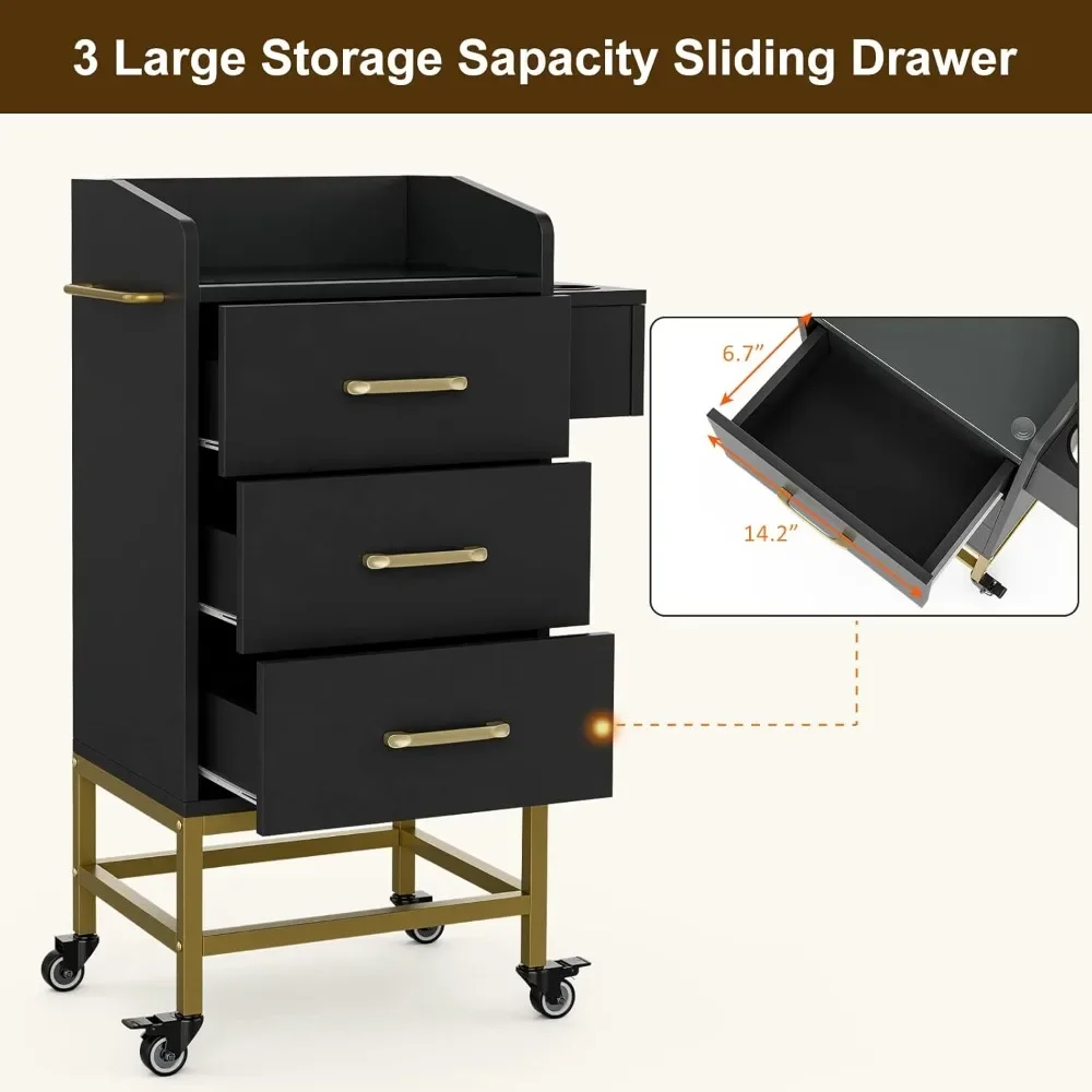 

Beauty Salon Storage Cart, Glass Top Hair Salon Cabinet with Hair Dryer Holder, Lockable Rollers, Drawers, Black