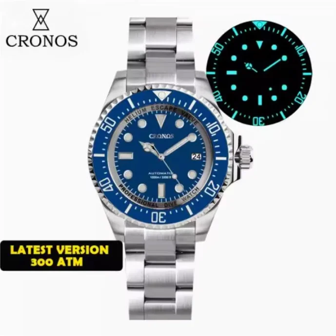 CRONOS Men Automatic Watch 44MM Mechanical Wristwatch Sapphire Mirror Diver 200Bar Waterproof BGW-9 Luminous NH35 Military