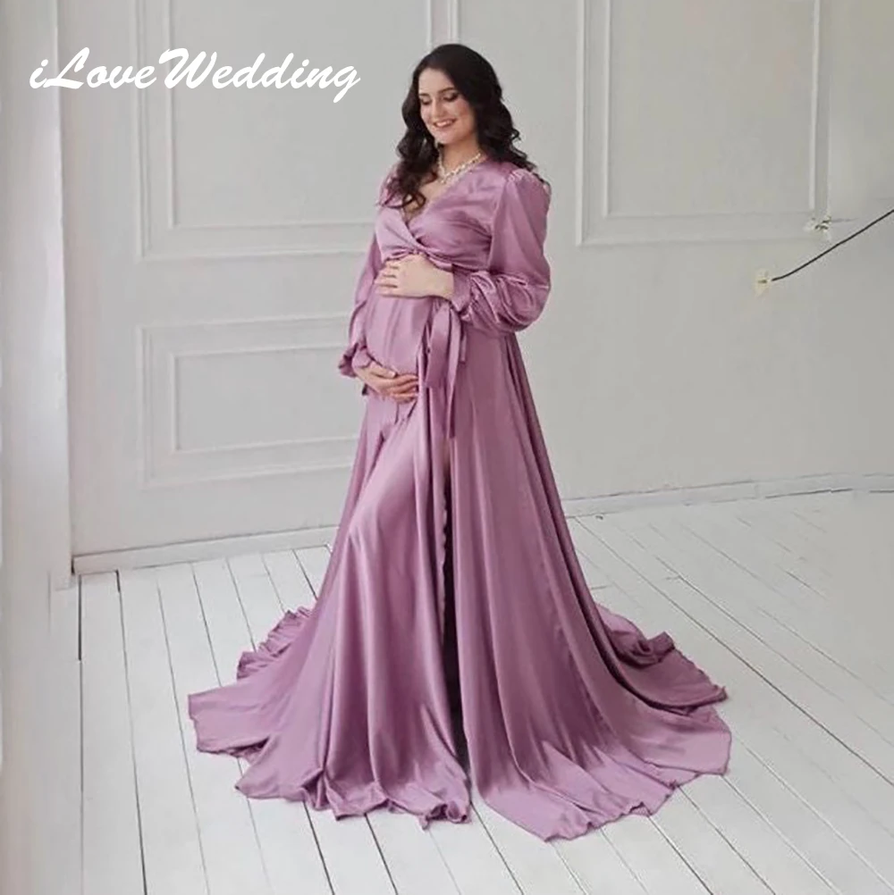 

Soft Satin Maternity Dress for Photoshoot Long Sleeves Pregnant Woman Gowns Pregnancy Plus Size for Baby Shower Robes Bathrobe