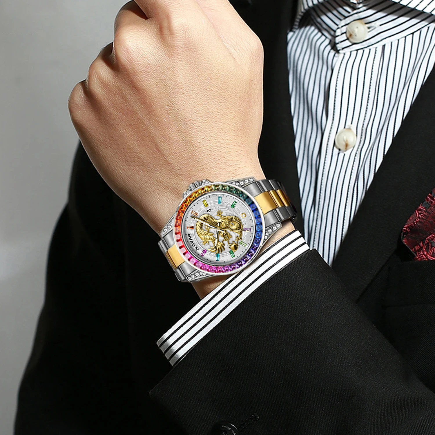 X-GEAR Real Dragon Dial Men's Trend Business Big Three Hands Men's Luxury Diamond Luminescent Waterproof Men's Quartz Watch