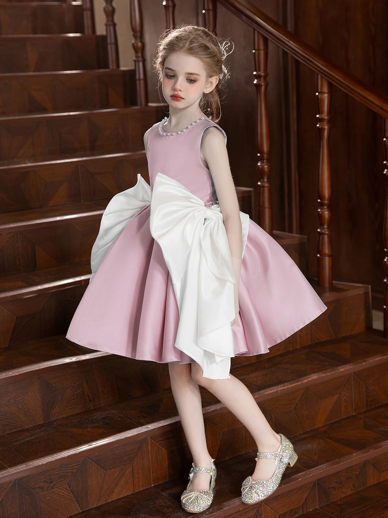 

Children's Pink Dress with Big Bow Birthday Party Short Evening Dress Princess Costume Girls Elegant Dresses