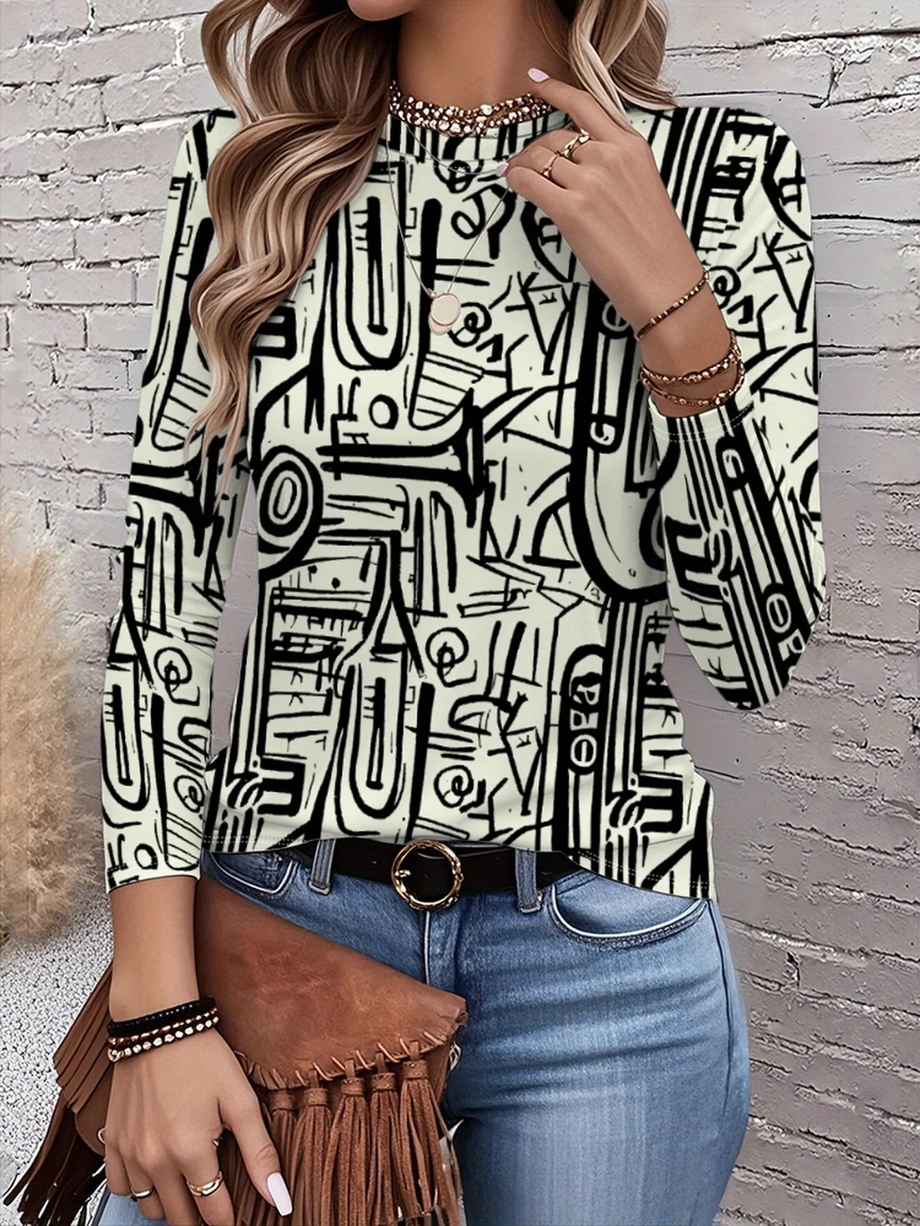 

2026 Новый женский модный и элегантный топ с художественным принтом, современный художественный дизайн для повседневной носки