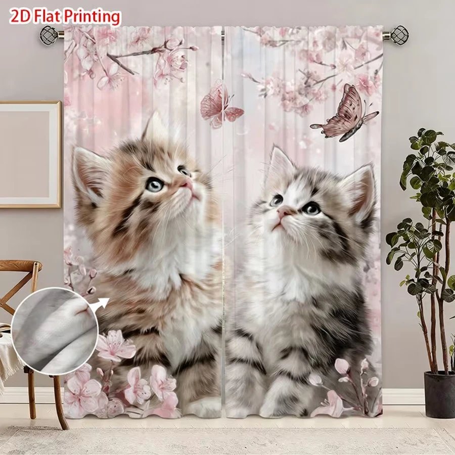 2PCS Cute Kitten Cherry Blossom Butterfly Print Curtains, Applicable to floral curtains, window curtains, print curtains