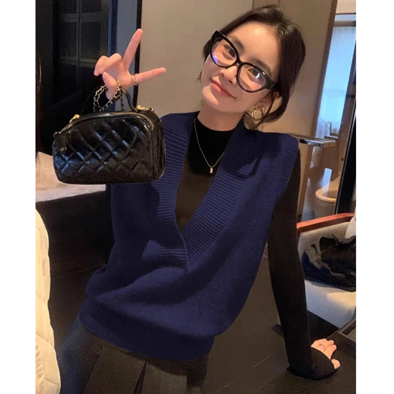 Retro V-ausschnitt Gestrickte Weste für Frauen Elegante Einfarbig Gestrickte Hemd Herbst/Winter Koreanische Ärmellose Gestrickte Pullover für Frauen