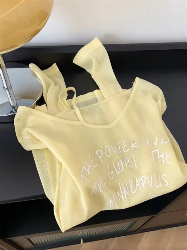 

Loose Women's Yellow V-neck Sunshade Cover up Top Summer Lazy Style Translucent Loose Fit Sleeveless Casual Fashion