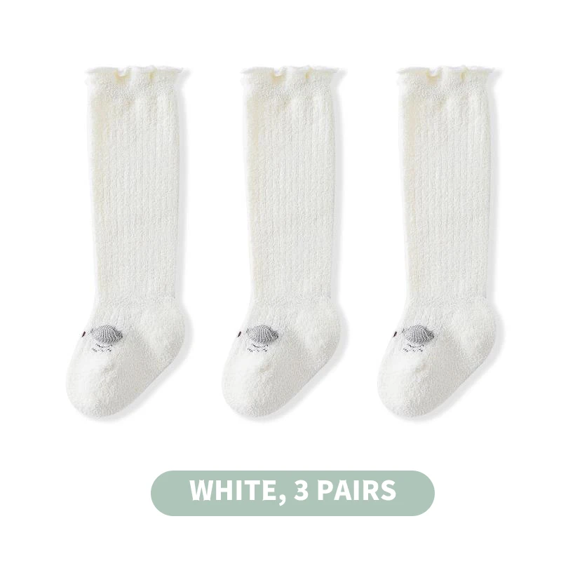 

3 Pairs Cotton Solid Baby Stockings Thicken Warm White Color Loop Stitch Soft Cozy Scalloped Screw Cap Design Elastic Socks