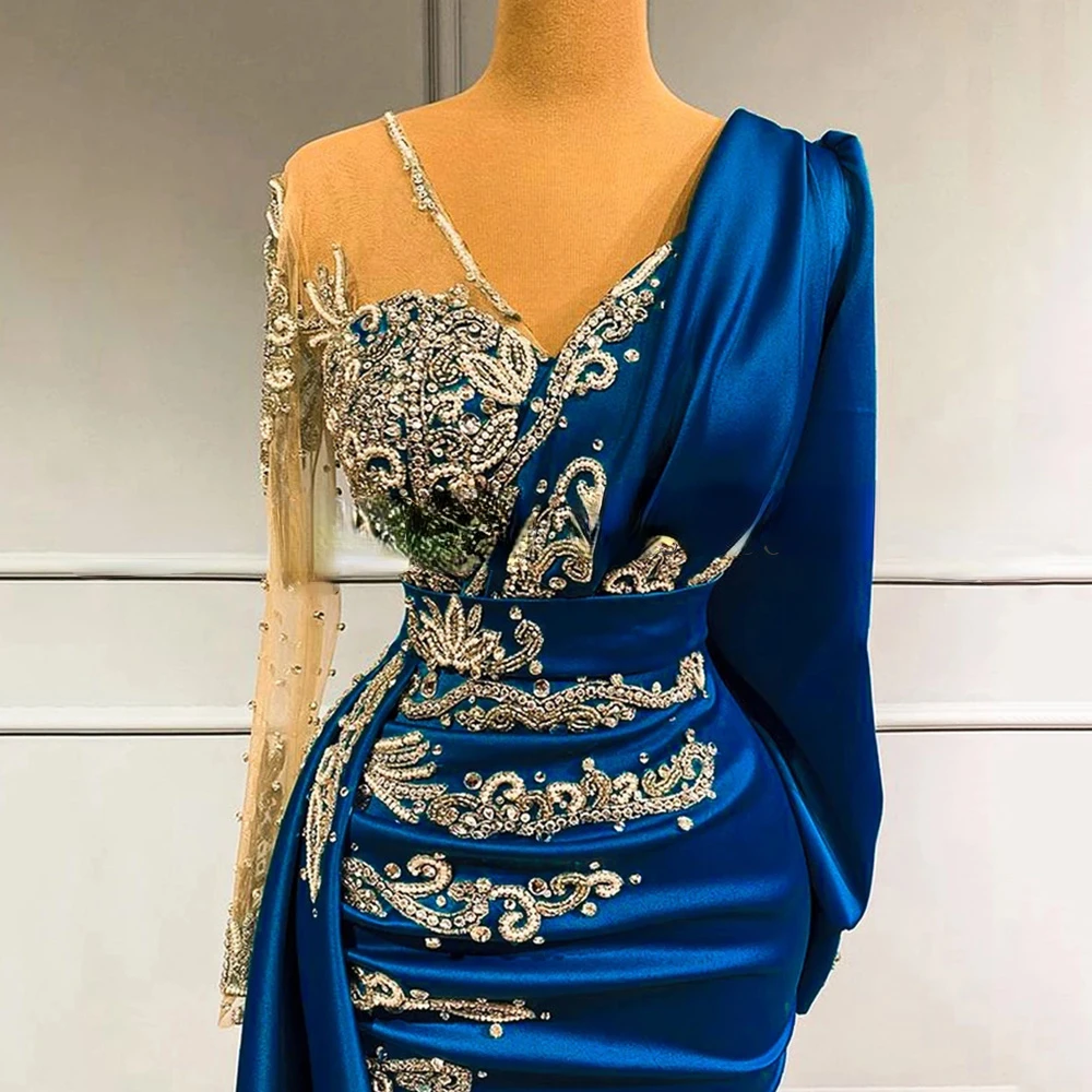 Sexy Formal Gowns Sheer Tulle V-Neck Long Sleeves Beading Applique Party Dresses For Lady Celebrity Evening Dress