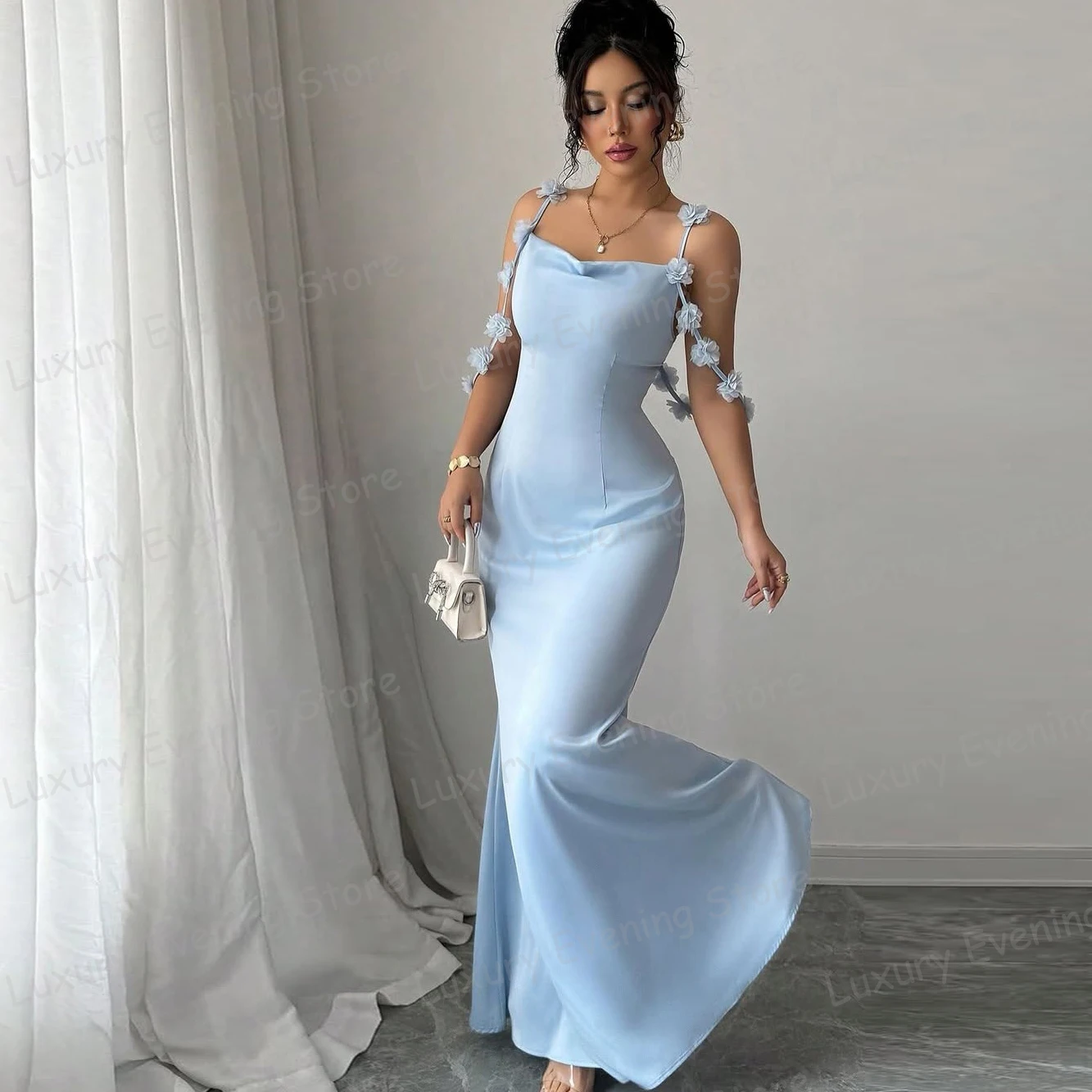 

Luxury Mermaid Evening Dresses Strapless Flowers Satin Fashion Prom Gowns Sleeveless Elegant Party Customized Vestidos De Noche