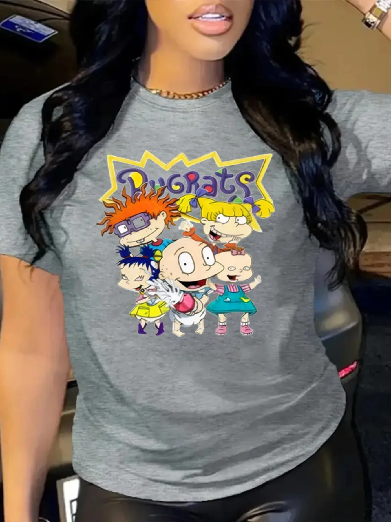 كارتون رغراتس شخصية مطبوعة عادية جولة الرقبة أزياء اليومية أعلى جولة الرقبة تي شيرت بسيط عارضة الملابس القطن التي شيرت