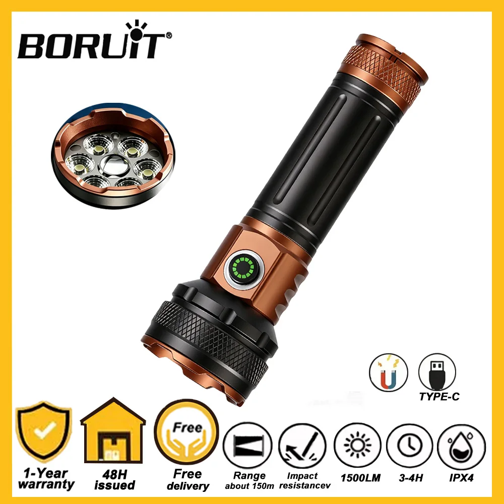 

BORUiT 1000LM 7LED Flashlight USB Rechargeable Magnetic Torch Waterproof Outdoor Camping Emergency Multipurpose Work Light