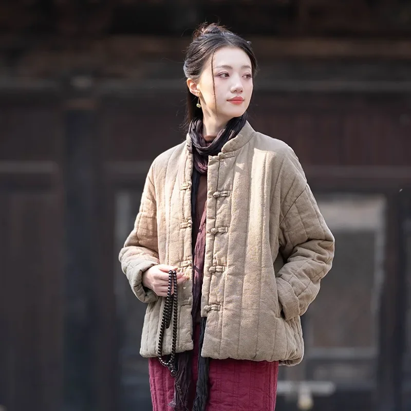 

Women Chinese Style Retro Linen Parkas Solid Color Stand Long Sleeve Women's Clothing New Single Breasted Thickened Warm Parkas