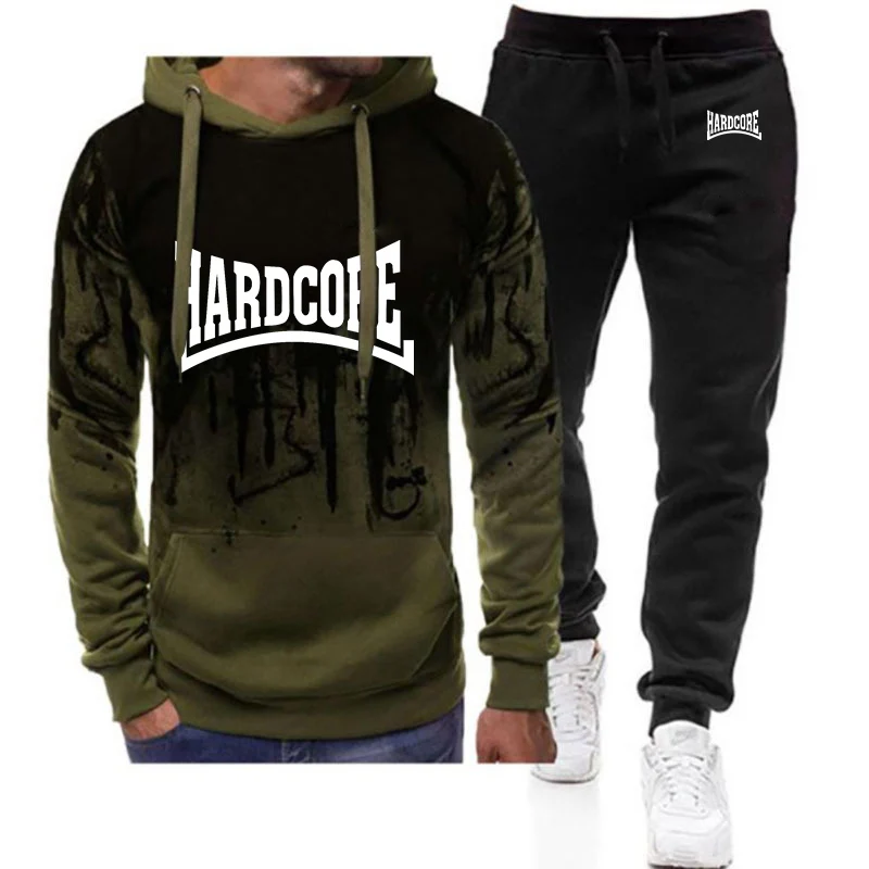 2024 New Hardcore Men's Fashion Spring And Autumn Tracksuits Gradient Color Hooded Hoodie + Print Leisure Sweatpant Suit