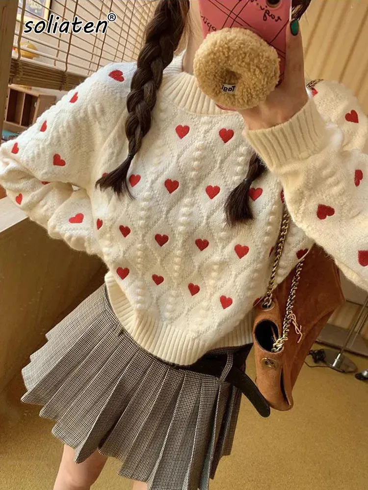 Women Fashion Heart Love Embroidery Knitted Pullover Sweater Vintage Long Sleeves O-Neck Female Chic Lady Tops C-153