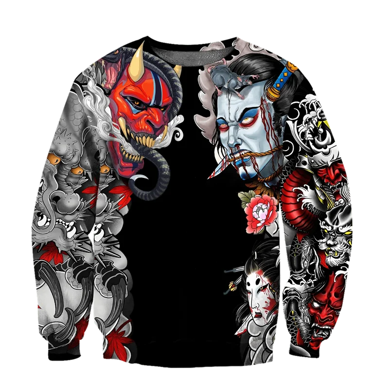 Japanese Mythology Mask Printed Sweatshirt Men's Clothes Harajuku Street Pullover Top 3D Printed Mysterious Culture Sweatshirts