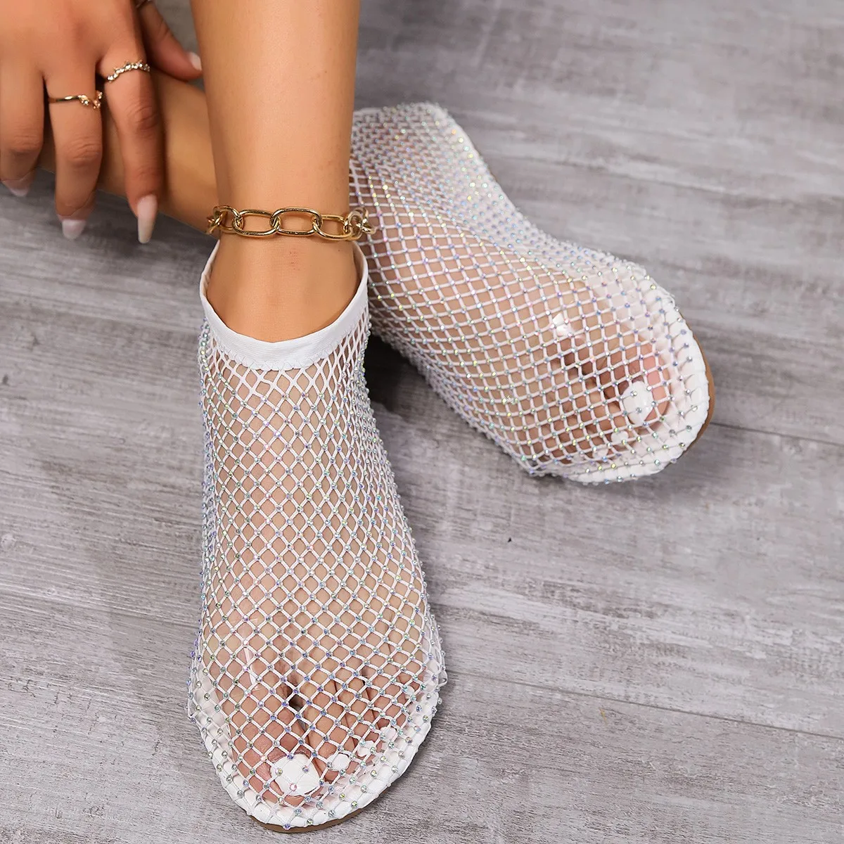 Sandalias rosas De punta redonda para Mujer, botas cortas huecas, Zapatos De fondo plano Sexy con diamantes De agua, marca De lujo