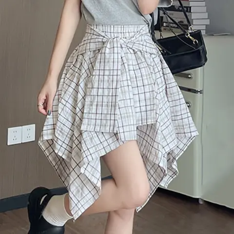 패션 불규칙한 격자 무늬 셔츠 스커트 레이스 업 하이 웨스트 가짜 투피스 스커트 a 라인 streetwear 격자 무늬 반바지 스커트 여름