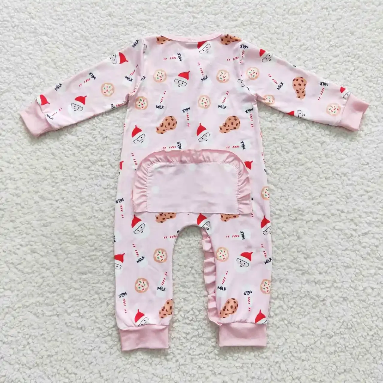 LR0471 New Arrival baby rompers girls Milk Cookie Santa Claus Pink Zipper Long Sleeve romper Wholesale Summer baby boy clothes