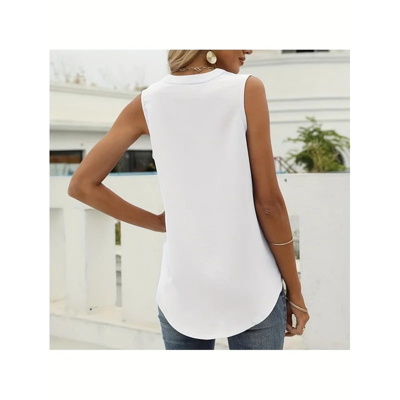Womens 2024 Pleated Sleeveless Summer Shirts Loose Casual Tops Blouse Curved Hem