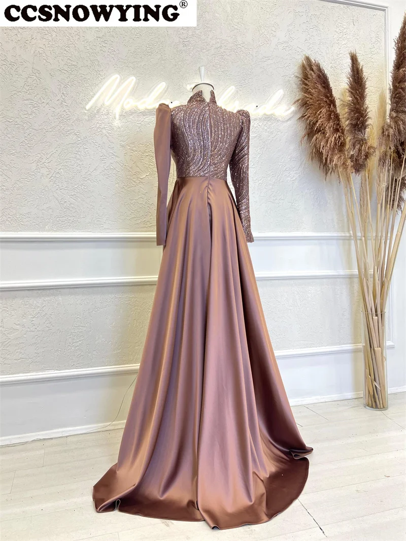 Satin Sequin Long Sleeve Muslim Evening Dresses Islamic High Neck Formal Party Gown Hijab Arabic Kaftan Robes De Soirée