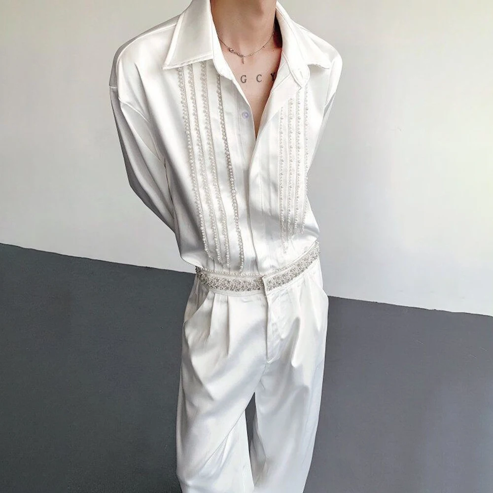 

Men's Solid Color Pearl Shiny Long-Sleeved Shirt French Retro Light Luxury Fashion Trend Loose Breathable Niche Men's Tops