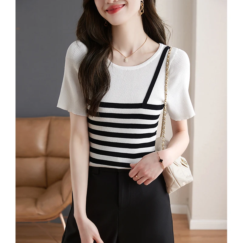 

2023 Summer New Versatile Fake Two Piece Stripe Knits Contrast Color T-shirt Women's Summer Thin Short Sleeve T-shirt Top Women