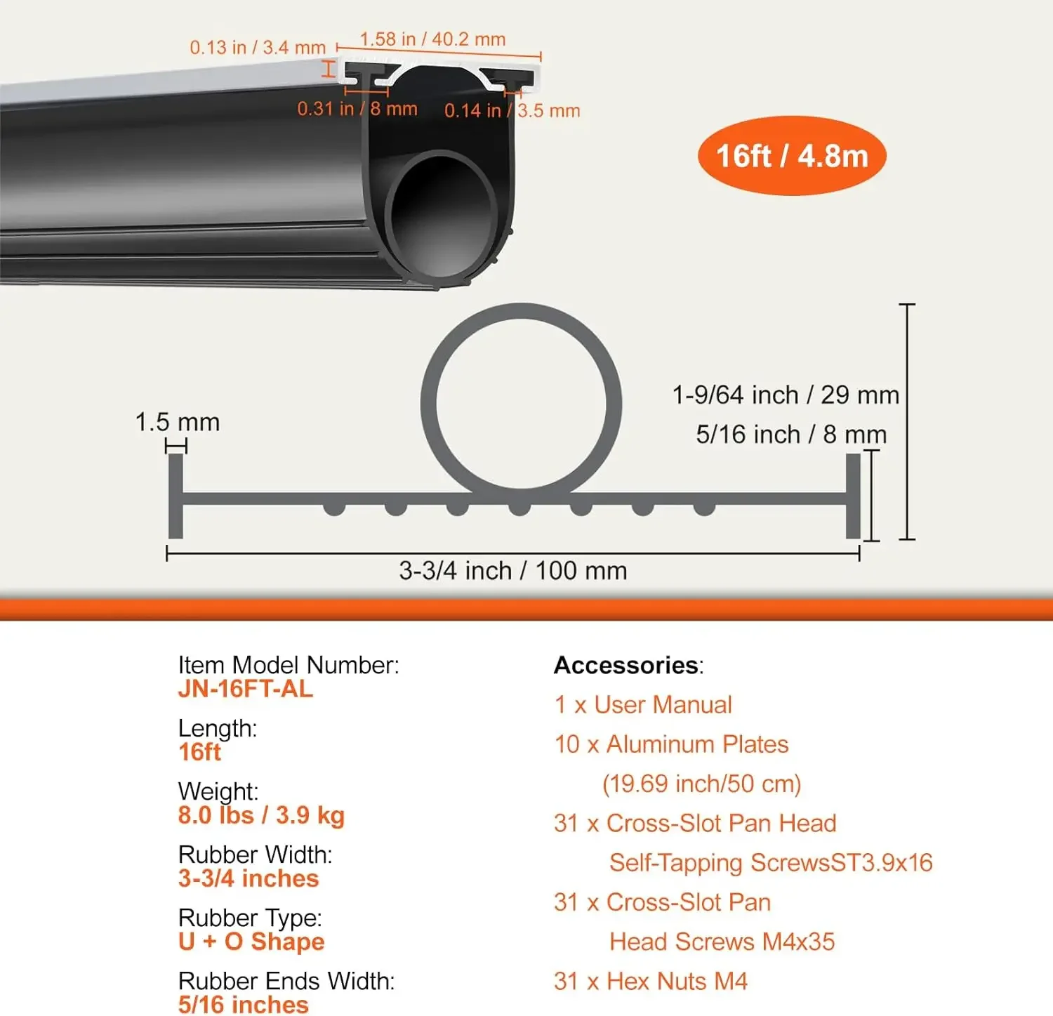 Garage Door Seals Bottom Rubber, U Shape + O Ring Combination, 5/16 inch T-Ends and 3 3/4 inch Width (16 Ft, Black)