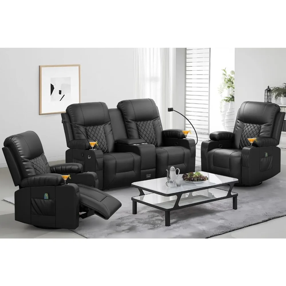 Living Room Furniture Set, Loveseat Recliner and 2PC Massage Recliner Chair, Luxury Reclining Sofa 3PC Set for Living Room