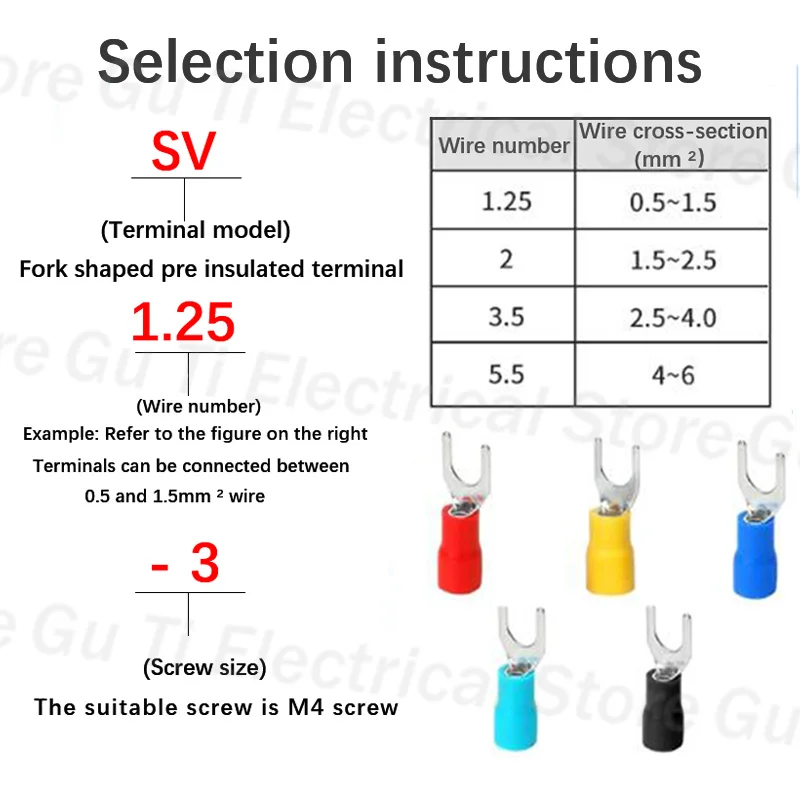 30-100 PCS SV Terminal U-Shaped 1.25/2/3.5/5.5 Series Insulated Fork Type Cable Terminal Connectors, Electrical Crimping Flat