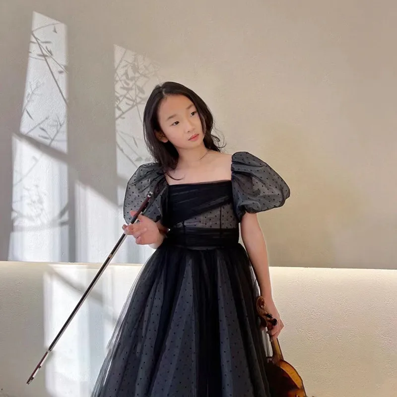 Girl Evening Dress for Kids Elegant Black Vintage Puff Sleeve Gowns Teenages Party Dresses Children Violin Performance Vestidos